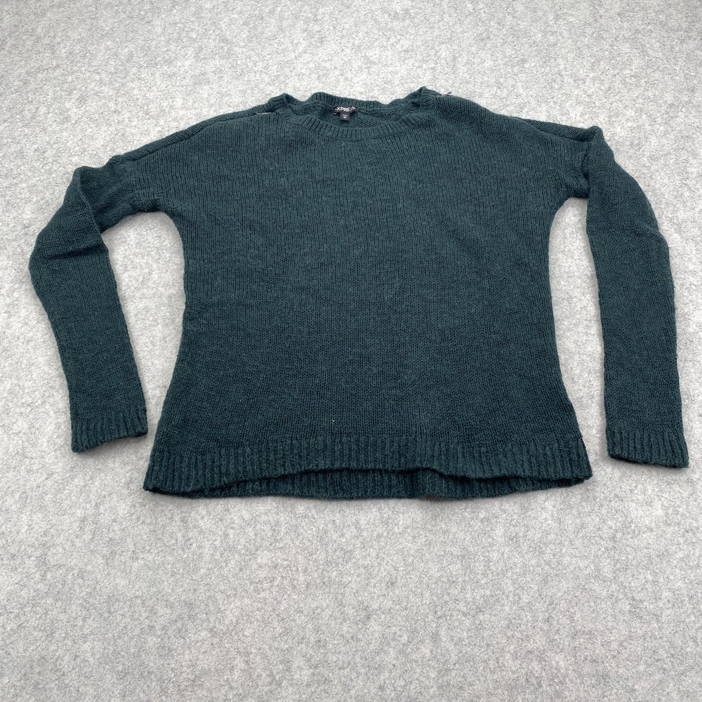 Express Sweater Womens XS Green Mohair Blend Crewneck Shoulder Zip Pullover Knit
